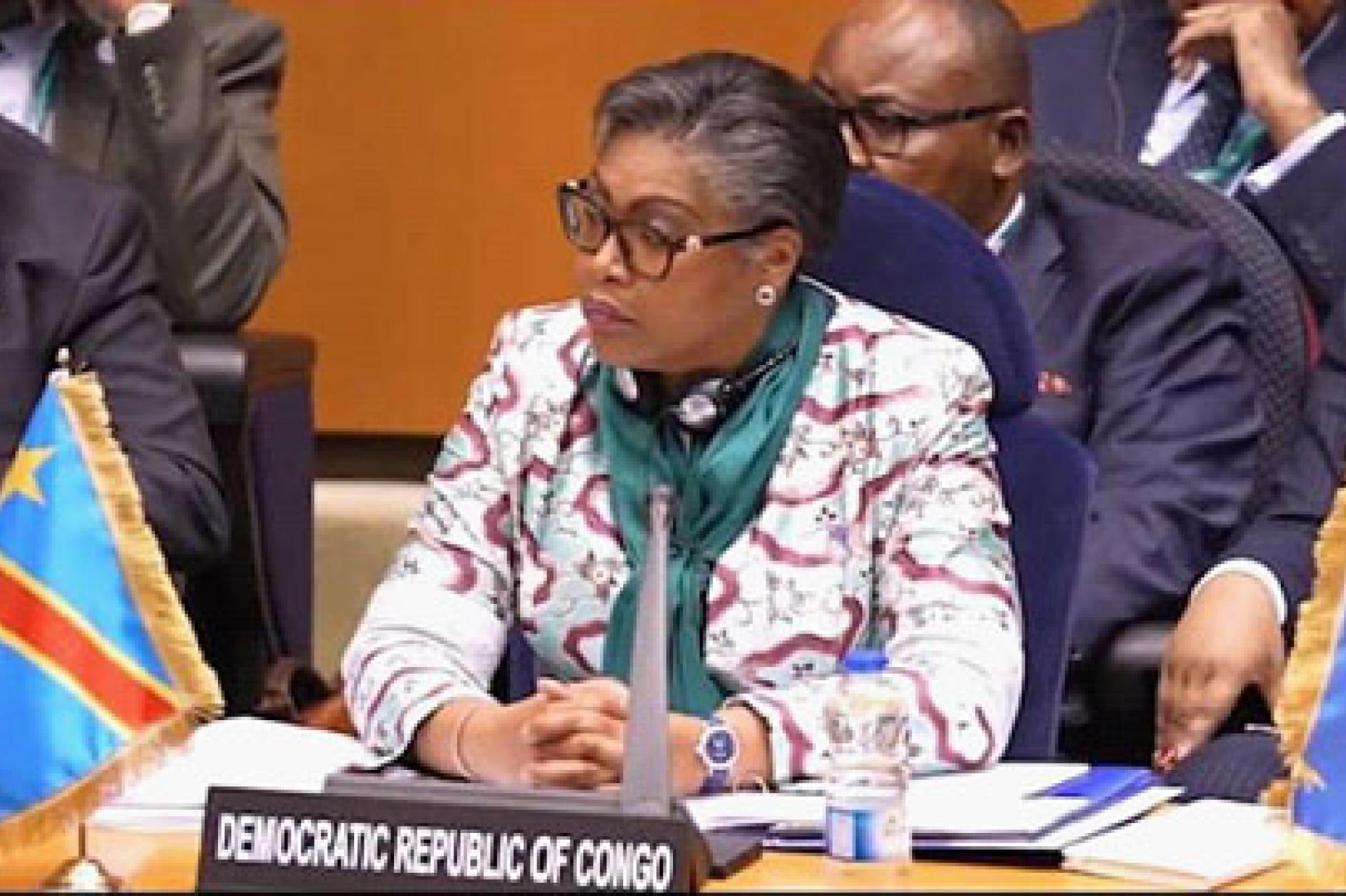 La Première ministre de la RDC intervenant au sommet de l'UA à Addis Abeba. Photo droits tiers