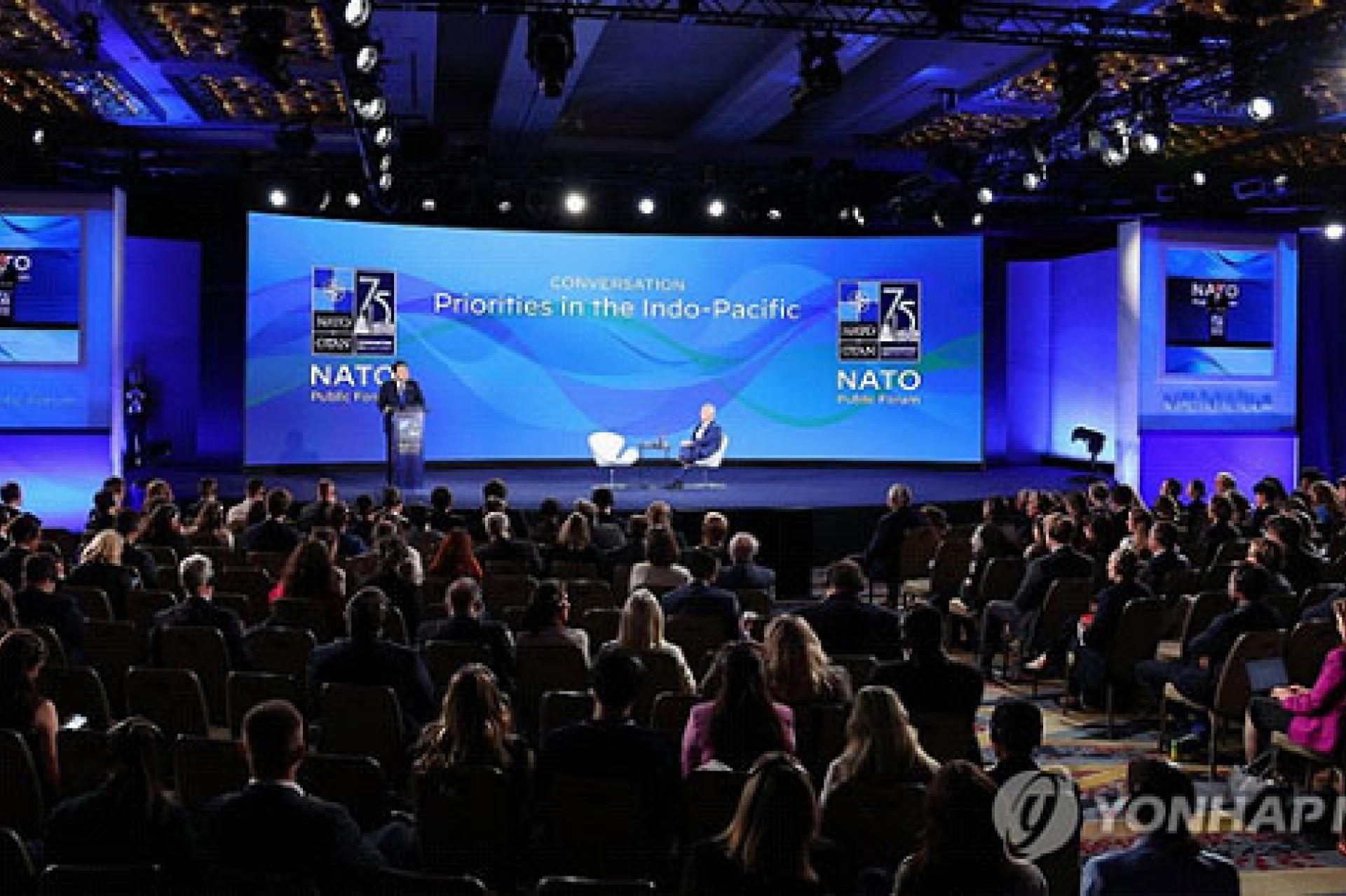 L'ancien président Yoon Suk Yeol prononce un discours lors du Forum public de l'Organisation du traité de l'Atlantique Nord (Otan) à Washington, le jeudi 11 juillet 2024 (heure américaine).