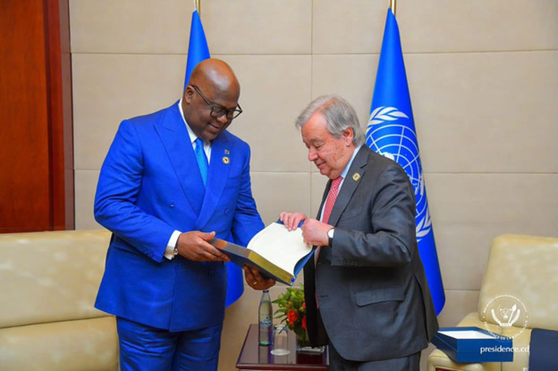 Le Président Félix Tshisekedi et le SG de l'ONU, Antonio Guterres. Photo cellcom présidence de la république